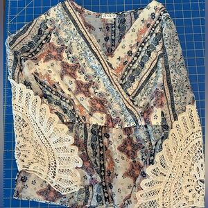 Venus Wrap Front Sheer Blouse Crocheted Sleeve Insert Elastic Waist Medium Boho